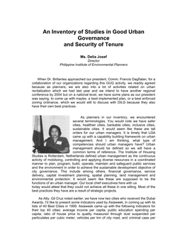 An Inventory of Studies in Good Urban Governance and Security of Tenure