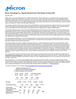 Micron Technology, Inc., Reports Results for the Third Quarter of Fiscal 2010