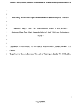 Modulating Mistranslation Potential of Trnaser in Saccharomyces Cerevisiae