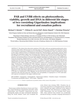 PAR and UVBR Effects on Photosynthesis, Viability, Growth