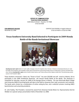 Texas Southern University Band Selected to Participate in 2009 Honda Battle of the Bands Invitational Showcase