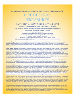 ORCHESTRAL TREASURES SATURDAY, NOVEMBER 19TH at 8PM MANHATTAN SEVENTH-DAY ADVENTIST CHURCH 232 West 11Th Street, (Between Seventh Ave South and Christopher St.)