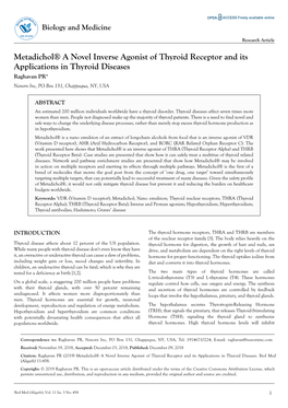 Metadichol® a Novel Inverse Agonist of Thyroid Receptor and Its Applications in Thyroid Diseases Raghavan PR* Nanorx Inc, PO Box 131, Chappaqua, NY, USA