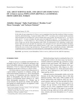 AGE, ADULT SURVIVAL RATE, and ADULT LIFE EXPECTANCY of a Podarcis Tauricus POPULATION (REPTILIA: LACERTIDAE) from SAROS BAY, TURKEY