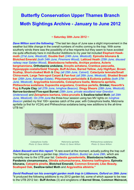 Butterfly Conservation Upper Thames Branch Moth Sightings Archive - January to June 2012