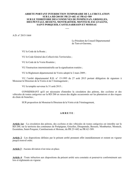 Arrete Portant Interdiction Temporaire De La Circulation Sur La Rd 200 Du Pr 23+682 Au Pr 62+589 Sur Le Territoire Des Communes