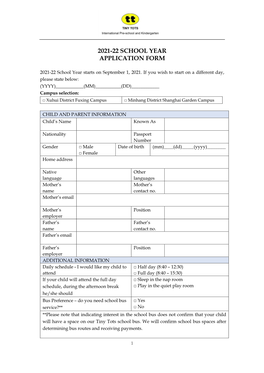 2021-22 School Year Application Form