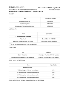 Rear Drive Axle/Differential > Specification