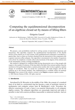 Computing the Equidimensional Decomposition of an Algebraic Closed Set by Means of Lifting ﬁbers
