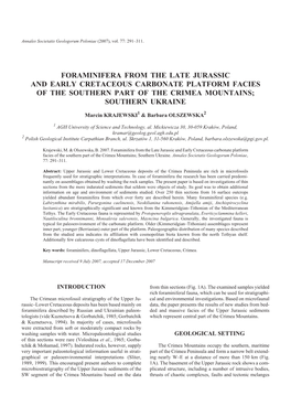 Fo Ra Mini Fera from the Late Ju Ras Sic and Early Cre Ta Ceous Car Bon Ate Plat Form Fa Cies of the Southern Part of the Crimea Mountains; South Ern Ukraine