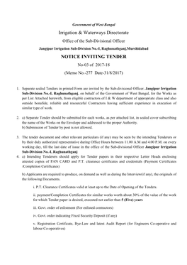 Irrigation & Waterways Directorate NOTICE INVITING TENDER