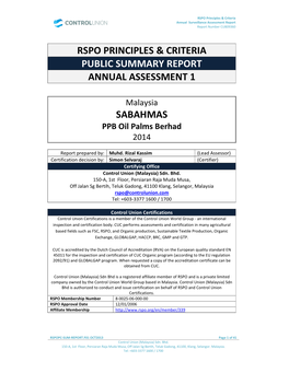 Rspo Principles & Criteria Public Summary Report Annual Assessment 1 Sabahmas