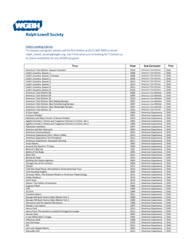 Video Lending Library to Request a Program, Please Call the RLS Hotline at (617) 300-3900 Or Email Ralph Lowell Society@Wgbh.Org