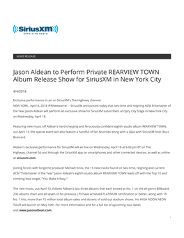 Jason Aldean to Perform Private REARVIEW TOWN Album Release Show for Siriusxm in New York City