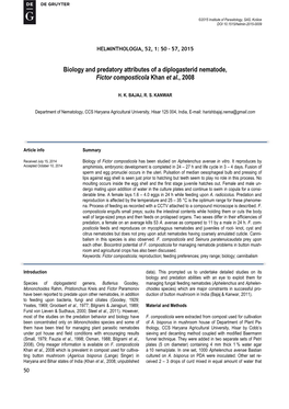 Biology and Predatory Attributes of a Diplogasterid Nematode, Fictor Composticola Khan Et Al., 2008