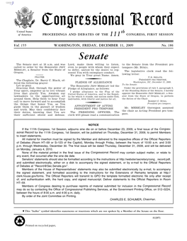 Congressional Record United States Th of America PROCEEDINGS and DEBATES of the 111 CONGRESS, FIRST SESSION