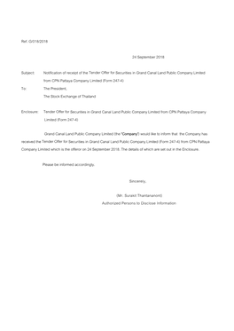 Notification of Receipt of the Tender Offer for Securities in Grand Canal