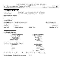 NEW ENGLAND CONSERVATORY of MUSIC Page 1 United States Department of the Interior, National Park Service______National Register of Historic Places Registration Form