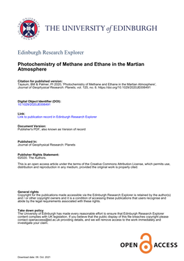 Photochemistry of Methane and Ethane in the Martian Atmosphere', Journal of Geophysical Research: Planets, Vol