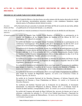 ACTA DE LA SESIÓN CELEBRADA EL MARTES DIECIOCHO DE ABRIL DE DOS MIL DIECISIETE. PRESIDE EL SENADOR PABLO ESCUDERO MORALES En La