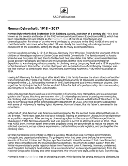 Norman Dyhrenfurth, 1918 – 2017 Norman Dyhrenfurth Died September 24 in Salzburg, Austria, Just Short of a Century Old