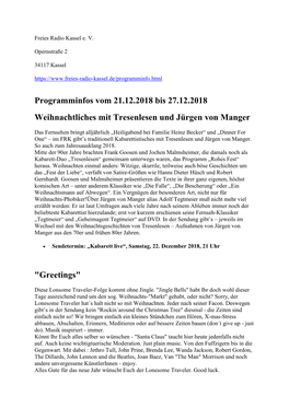 Programminfos Vom 21.12.2018 Bis 27.12.2018 Weihnachtliches Mit Tresenlesen Und Jürgen Von Manger