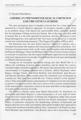 American Phenomenological Criticism and the Geneva School