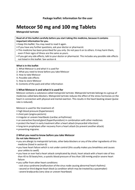 Metocor 50 Mg and 100 Mg Tablets Metoprolol Tartrate