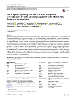 Role of Myeloid Regulatory Cells (Mrcs) in Maintaining Tissue Homeostasis and Promoting Tolerance in Autoimmunity, Inflammatory Disease and Transplantation