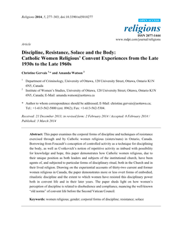 Discipline, Resistance, Solace and the Body: Catholic Women Religious’ Convent Experiences from the Late 1930S to the Late 1960S