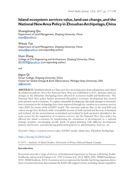 Island Ecosystem Services Value, Land-Use Change, and the National New Area Policy in Zhoushan Archipelago, China