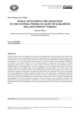 Rural Settlement Organization in the Central Pisidia in Light of Karadiğin Hill (Southwest Turkey)