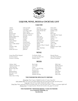 Liquor, Wine, Beer & Cocktail List