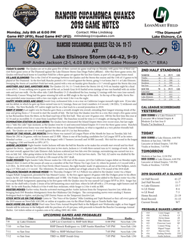 Rancho Cucamonga Quakes 2019 Game Notes