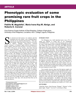 Phenotypic Evaluation of Some Promising Rare Fruit Crops in the Philippines Pablito M