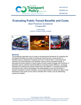 Evaluating Public Transit Benefits and Costs Best Practices Guidebook 31 August 2021