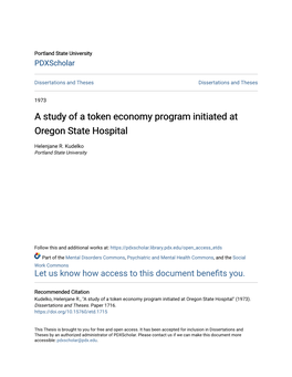 A Study of a Token Economy Program Initiated at Oregon State Hospital