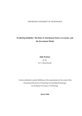 Predicting Infidelity: the Role of Attachment Styles, Lovestyles, and the Investment Model