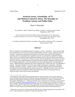 Artemisia Annua, Artemisinin, Acts and Malaria Control in Africa: the Interplay of Tradition, Science and Public Policy