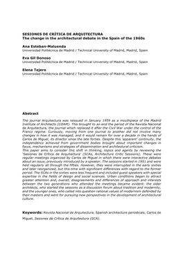 SESIONES DE CRÍTICA DE ARQUITECTURA the Change in the Architectural Debate in the Spain of the 1960S