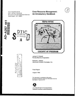 Crew Resource Management: DOT-VNTSC-FAA-92-8 Rosearch and Development Service an Introductory Handbook Washington