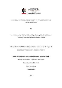 Microbial Ecology and Diversity of Swazi Traditional Fermented Foods