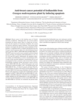 Anti‑Breast Cancer Potential of Frullanolide from Grangea Maderaspatana Plant by Inducing Apoptosis