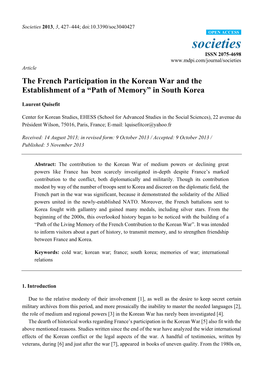 The French Participation in the Korean War and the Establishment of a “Path of Memory” in South Korea