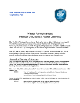 Winner Announcement Intel ISEF 2012 Special Awards Ceremony