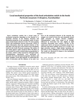 Local Mechanical Properties of the Head Articulation Cuticle in the Beetle Pachnoda Marginata (Coleoptera, Scarabaeidae) N