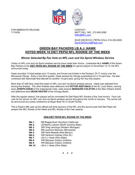 Green Bay Packers Lb A.J. Hawk Voted Week 10 Diet Pepsi Nfl Rookie of the Week