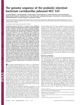 The Genome Sequence of the Probiotic Intestinal Bacterium Lactobacillus Johnsonii NCC 533