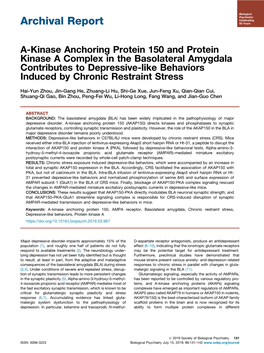A-Kinase Anchoring Protein 150 and Protein Kinase a Complex in the Basolateral Amygdala Contributes to Depressive-Like Behaviors Induced by Chronic Restraint Stress