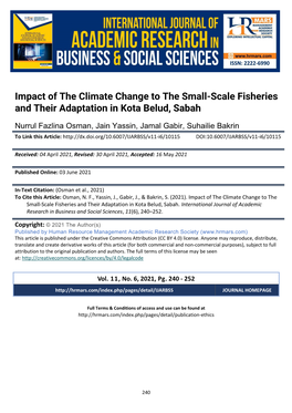 Impact of the Climate Change to the Small-Scale Fisheries and Their Adaptation in Kota Belud, Sabah